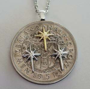NEW! Matariki collection - Re-minted Half crown pendant with mixed metal stars