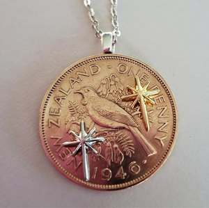 NEW! Matariki collection - Re-minted One penny pendant with mixed metal stars
