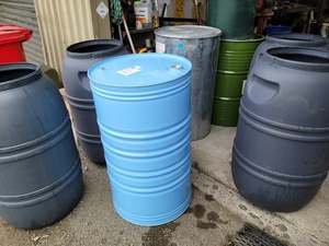 Products: STEEL DRUM. 220 LITRE CLOSED TOP. NO LID. LIGHT BLUE. FOOD GRADE. AS NEW. - RainHarvest and Services