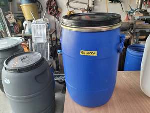 50 LITRE BLUE PLASTIC DRUM. SEALED LID WITH STEEL CLAMP. FOOD GRADE. NO STOCK .O&hellip;