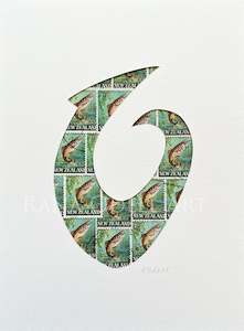 Kiwiana: Hei Matau - fish hook, trout stamps, 6x8 inches