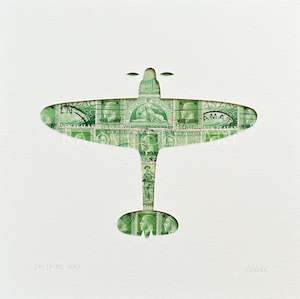 Warbirds Poppies: Spitfire Mk1, NZ wartime stamps, 8x8 inches