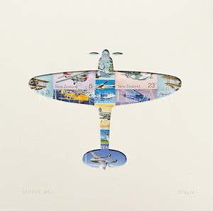 Spitfire Mk1, NZ plane stamps, 8x8 inches