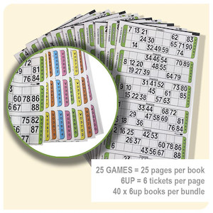 Products: 25 Page Housie Game Books (6up x 40) BUNDLE Ranford Bingo NZ