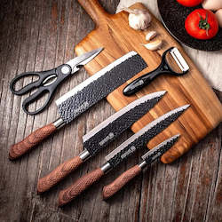 Frontpage: European Style Kitchen Cutting Scissors Peeler Knives 6pcs Set + Knife Sharpener