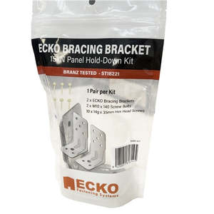 Coach Bolt Nut: 15kN Panel Hold-Down Kit  2xECKO Brackets, 2xM10 x 140mm Screw Bolts, 10/14g x 35mm Hex Head Screws