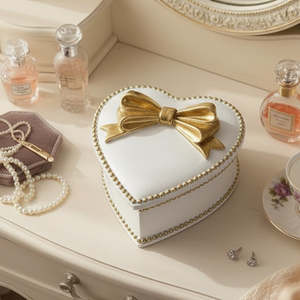 White & Gold Bow Heart TrinketBox
