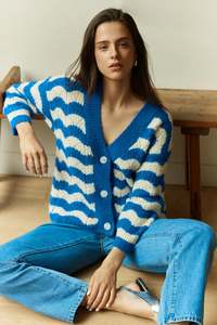 Sass Cream & Blue Etta Wavy Stripe Cardigan