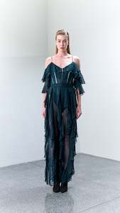 Two Pieces: 3.9 TAU Teal Silk Chiffon Suit