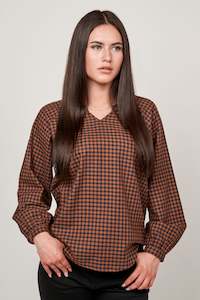 Clothing: Gingham  V-Neck Blouse - Camel