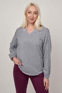 Clothing: Gingham V-Neck Blouse - Navy
