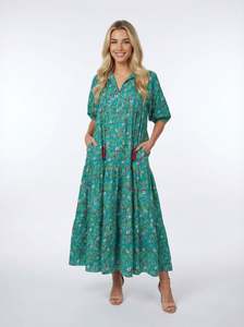 Ethical Fashion Shirts Tops: Turquoise Bloom Vine Maxi Dress
