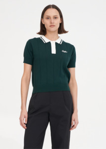 HUFFER Line Knit Polo - Golf Green/Chalk