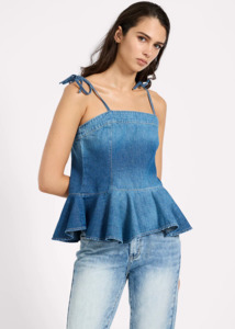 ONE TEASPOON Peplum Frill Cami Denim Top - Blue