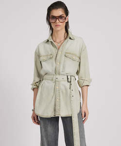 ONE TEASPOON Belted Longline Denim Shirt - Antique Khaki