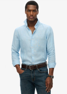 Superdry: SUPERDRY Vacation Long Sleeve Linen Shirt - Sea Blue Chambray