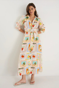 BY ROSA Sentiment Long Sleeve Maxi Shirt Dress - Tropical Postcard