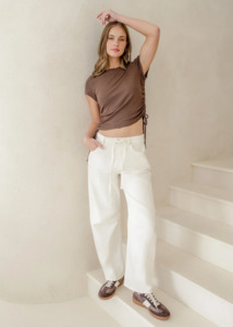 STORIES BE TOLD Campus Tie Waist Barrel Jeans - Ecru