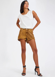 One Teaspoon: ONE TEASPOON Truckers Mid Waist Relaxed Flocked Denim Shorts - Burnt Tobacco