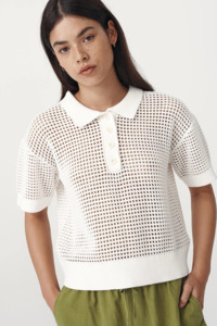 Rowie: ROWIE Mimi Knit Polo Top - Bone