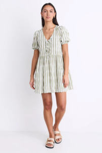 IVY + JAC Frontier Puff Sleeve Tie Mini Dress - Khaki Stripe