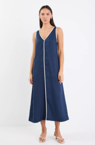 Dresses: RE:UNION Siesta Navy Linen Contrast Sleeveless Maxi Dress