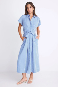 Dresses: AMONG THE BRAVE Camden Pleated Midi Shirt Dress - Bright Blue Stripe