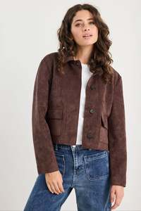 New Arrivals: AMONG THE BRAVE Exhibit Faux Suede Button Front Cropped Jacket - Chocolate