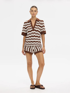 KIVARI Sarah Knit Polo Top - Choc/Ivory Stripe