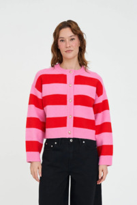 HUFFER Elle Cropped Stripe Cardigan - Pink / Red