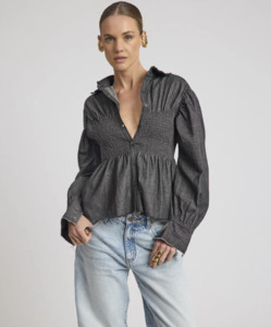 One Teaspoon: ONE TEASPOON Cafe Terrace Shirred Chambray Shirt - Black