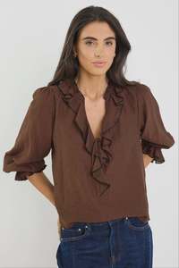 IVY + JAC Decorate Polka Dot Frill Front Mid Sleeve Top - Chocolate / Black