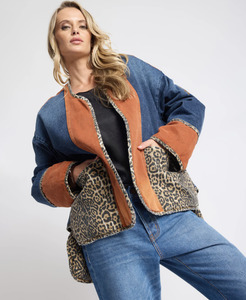 One Teaspoon: ONE TEASPOON Bang Bang Reversible Colour Blocked Denim Wadded Jacket - Animal Blue Rust
