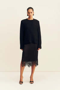 SHONA JOY Eniko Lace Split Midi Skirt - Black