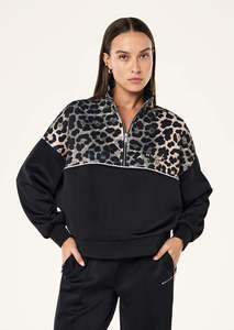 P.E NATION Boundless Zip Neck Sweat - Black / Leopard