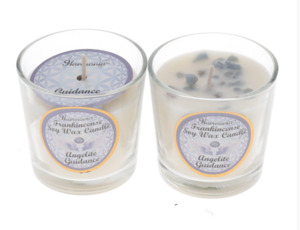 Spell Kits: CRYSTAL SAND CANDLE - Guidance Angelite Frankincense Scented Votive