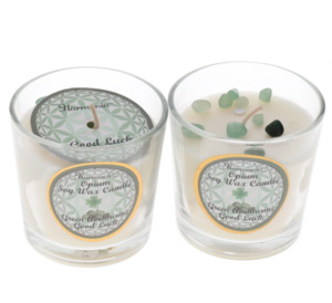 Candles 1: CRYSTAL SAND CANDLE - Good Luck Green Aventurine Opium Scented Votive