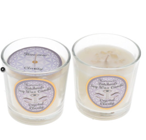 Candles 1: CRYSTAL SAND CANDLE - Clarity Quartz Patchouli Scented Votive