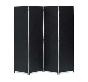 Room Divider: 4 Panel Wooden Room Divider – Flexible Privacy Screen with Woven Rattan (Black)
