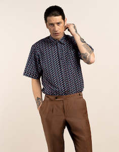 Race Ready: Raglan Blue and Brown Geometric Print Short Sleeve Shirt