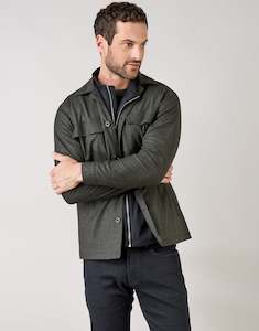 Recycled Wool Collection: Tamaki Forest Green Stretch Flannel Shirt Jacket