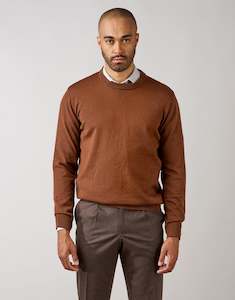 Mens Merino Knitwear Ppc: Naseby Tawny Brown Crew Neck Jersey