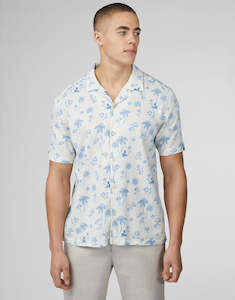 Mens Linen Shirts: Ben Sherman Resort Print Ivory Short Sleeve Shirt