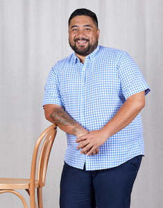 Mens Casual Shirts: Raglan Blue Gingham Short Sleeve Shirt