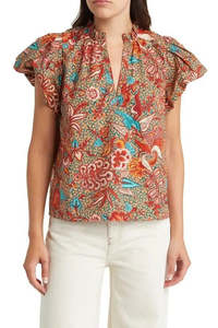 ULLA JOHNSON "Evelyn" Floral Print Puff Sleeve Top