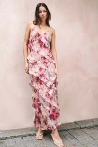 Size 8: Galore Painted Rose Bias Ruffle Slip Maxi
