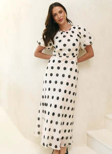 Size 12: Boutique Cream Black Polka Dot Puff Sleeve Maxi
