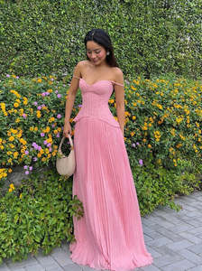 Size 12: Fashion Nova Daniella Lace Corset Pleated Maxi | Pink