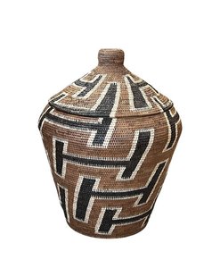 African Tribal Motif Basket w/lid - Brown w/Black & Cream Pattern