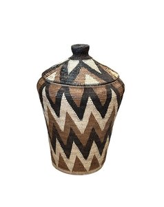 African Tribal Motif Basket w/lid - Black, Brown & Cream Zigzag